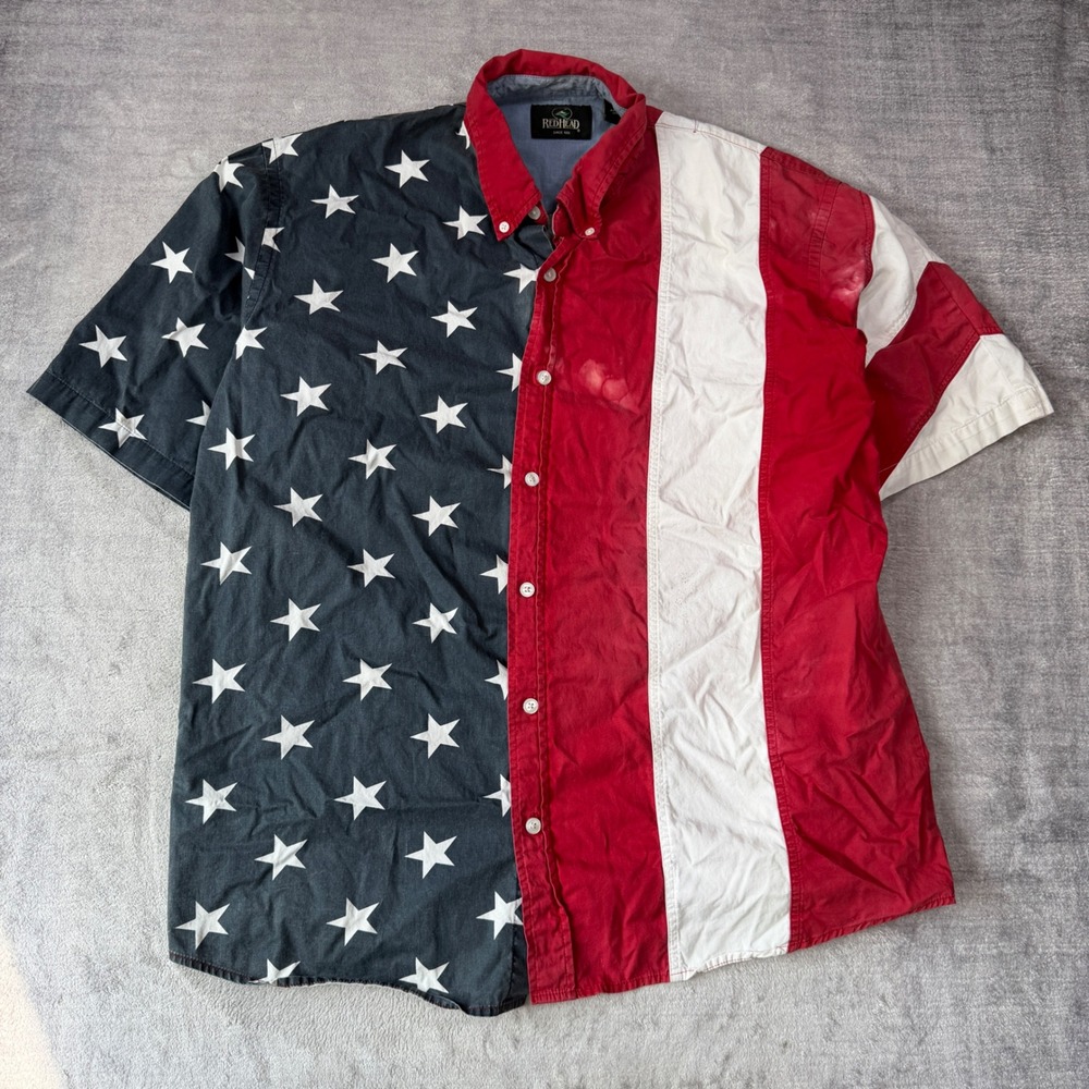 RedHead Shirt Mens XL Red American Flag Stars Stripes Button Down Redneck